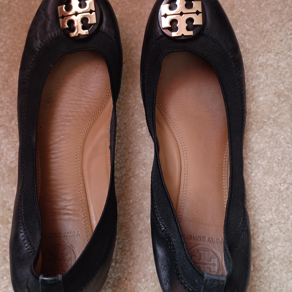 Tory Burch Black Leather Flats with Gold Logo